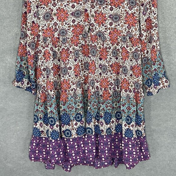 En Creme Dress Women Sz M Floral Colorful Patchwork Tiered Button Up Flowy Boho - Picture 5 of 13